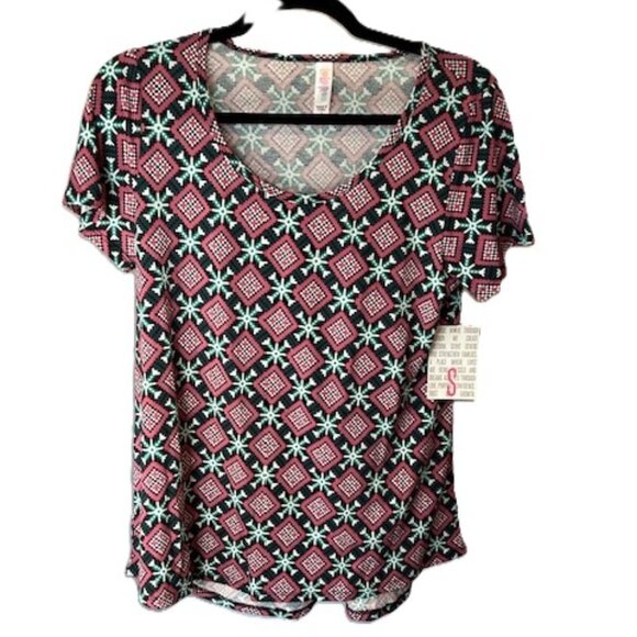 LuLaRoe Classic T Size Small Geometric Print Top Pink Black Teal Pink Snowflake - Picture 1 of 4